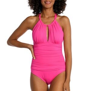 NWOT LA BLANCA sland Goddess High-Neck Keyhole One Piece - Pop Pink SZ 6